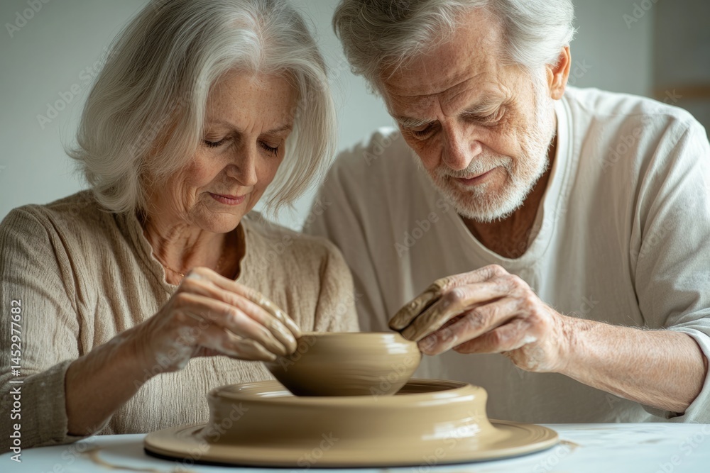 An elderly couple collaborates, shaping clay on a pottery wheel with focus and shared enjoyment, creating a handcrafted bowl. An elderly couple collaborates, shaping clay on a pottery wheel with focus and shared enjoyment, creating a handcrafted bowl.