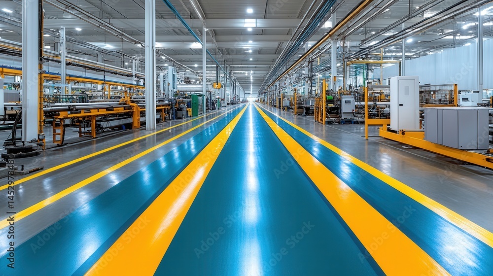 Modern factory interior showcasing production line with vibrant floor markings and machinery Modern factory interior showcasing production line with vibrant floor markings and machinery