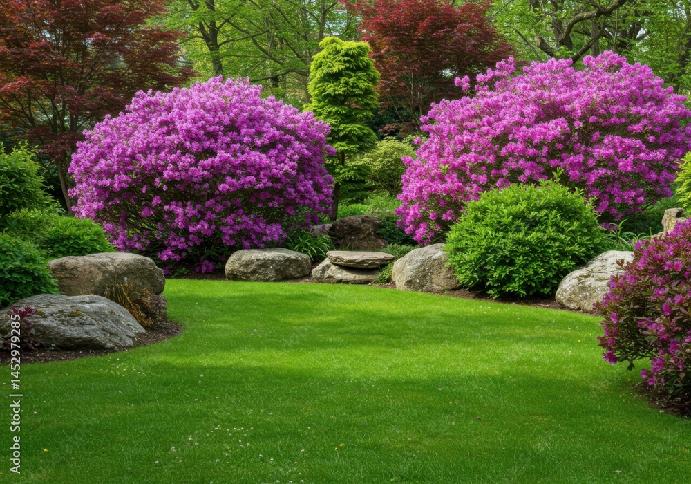 Obraz premium Lush garden with purple flower bushes