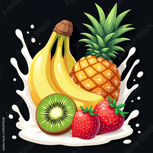 Vector design. Pineapple, banana, kiwi, strawberry berry, cream splashes of milk yogurt isolated 
on black background. Fashionable print for paper, 
fruit juice label, ice cream, food packaging. 