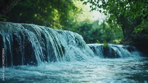 Gentle cascading waterfall in a lush forest setting.