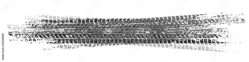 Obraz premium Grunge tire tracks with mud splatters, dirty wheel braking marks. Truck, car, or motorcycle tread pattern silhouettes. Perfect for off-road, motorsport, and racing designs. Vector illustration