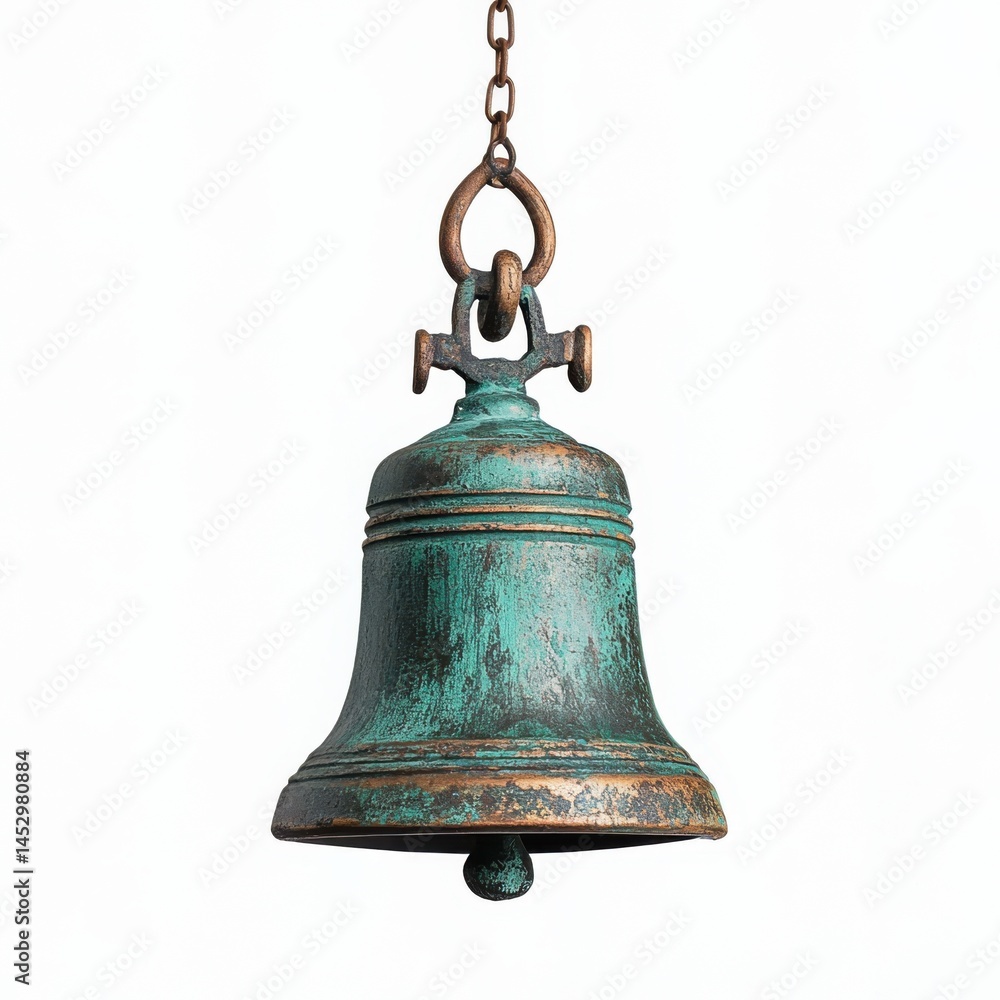 Fototapeta premium Antique verdigris bell hanging from a chain isolated on white background
