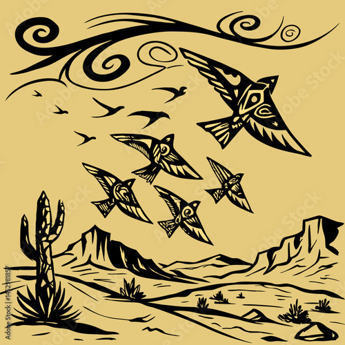 A vibrant tribal-style illustration of budgerigars soaring over a desert landscape, blending indigenous motifs with dynamic avian forms.