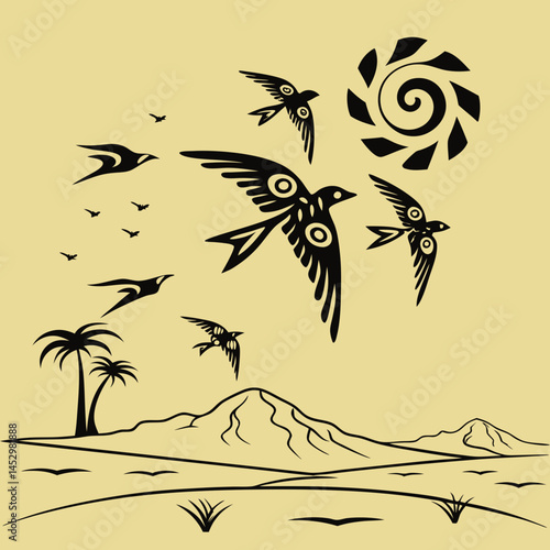 A vibrant tribal-style illustration of budgerigars soaring over a desert landscape, blending indigenous motifs with dynamic avian forms.