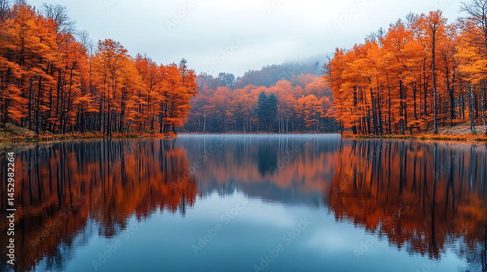 Obraz premium Serene lake reflecting brilliant autumn colors high resolution picture