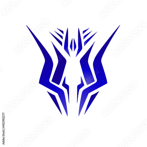 Abstract futuristic emblem design with dynamic blue luminescence over black space