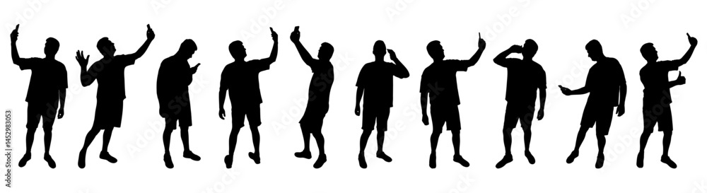 Set of silhouettes. Man with phone. Person taking selfie with smartphone and talking by mobile. Vector illustration. Set of silhouettes. Man with phone. Person taking selfie with smartphone and talking by mobile. Vector illustration.