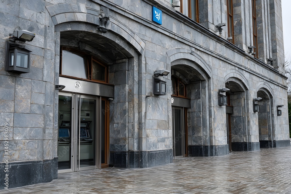 Stone bank entrance with ATMs and security cameras Stone bank entrance with ATMs and security cameras
