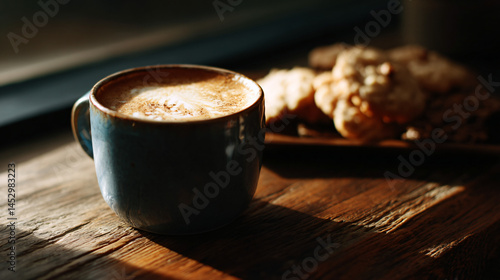 A mug of latte with art and cookies, place on a wooden tabular array in a welcoming cafe.