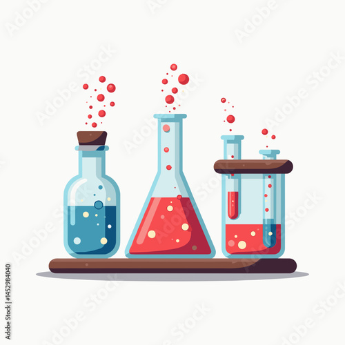 chemistry experiments with red and blue liquids in beakers