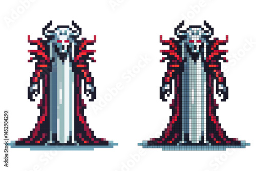 A pixelated character with a skull-like face and red eyes stands confidently in a flowing dark cape. The character exudes a menacing presence, surrounded by an aura of mystery