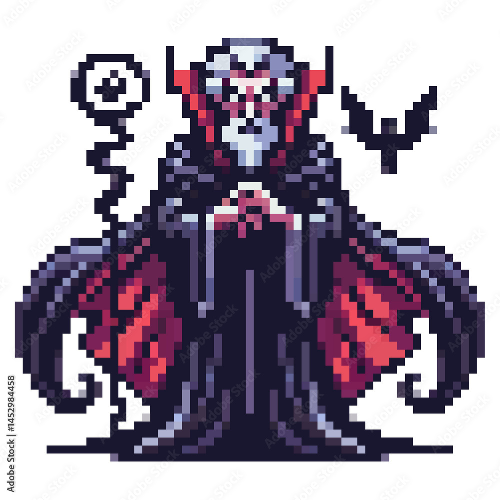 Fototapeta premium A dark, pixelated figure stands with a staff, wearing a flowing robe adorned with red accents. A raven is nearby, creating an eerie atmosphere. The character is captivating and ominous