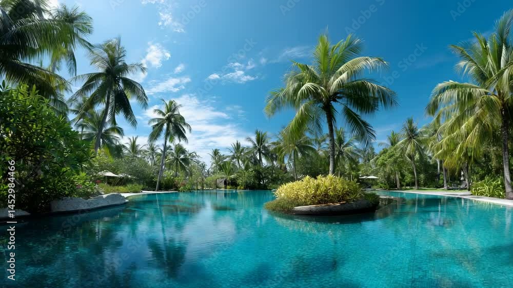 Scenic pool with vibrant turquoise water reflecting palm trees and blue sky with wispy clouds on a sunny day, tropical paradise, relaxing vacation destination. Scenic pool with vibrant turquoise water reflecting palm trees and blue sky with wispy clouds on a sunny day, tropical paradise, relaxing vacation destination.