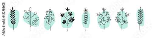 Minimalist botanical set of hand drawn leaves and branches with soft blue abstract shapes, perfect for nature-inspired design projects.