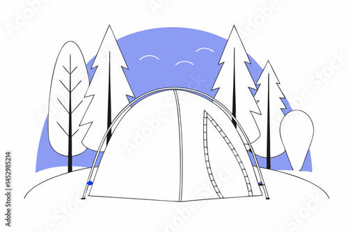 Tent pitched in forest clearing in flat design, outdoor camping and travel concept