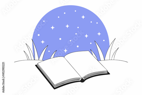 Open notebook under starry night sky, dreaming and writing concept
