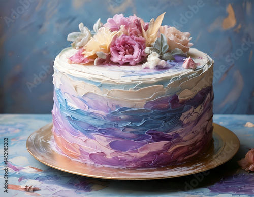 Painted Cake with Acrylic Brush Strokes in Pastel Colors, Pink, Purple & Blue, With Flowers on Top, Cream Cake, Birthday Cake, Wedding Cake, Small Cake, Creative Cake, Food, Desserts, Decorated