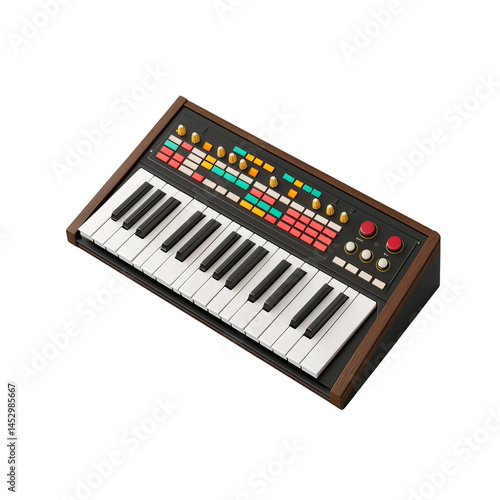 Vintage Synthesizer: A close-up shot reveals the intricate detail of a classic, retro-style synthesizer keyboard, a symbol of musical innovation. This image celebrates the artistry of music.
