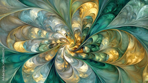Abstract Swirling Teal Gold Fractal Flower Art