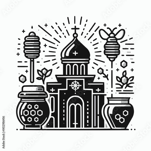 Church with honey jars and beehives in a vintage illustration for Honey Spas