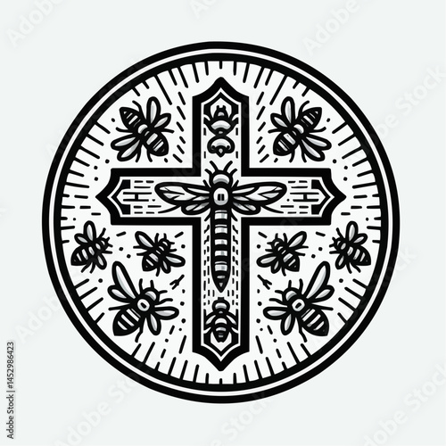 Cross adorned with bees in a vintage decorative style
