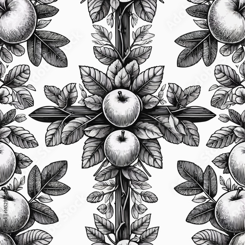 Pattern of apples and leaves on a cross in vintage botanical style
