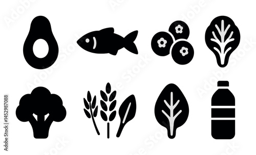 Healthy food solid icons set – organic, nutrition, wellness symbols