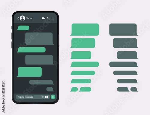 Mockup of Messenger Chat in Mobile Phone. Template of Smartphone and Empty Talk Speech Bubble Icon. Conversation on Smartphone Screen. Interface of Mobile App in a Dark Mode. Editable Vector.