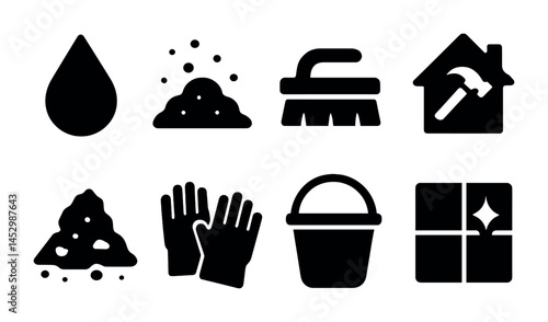 Cleaning and maintenance icons set – solid, silhouette, hygiene and home care symbols