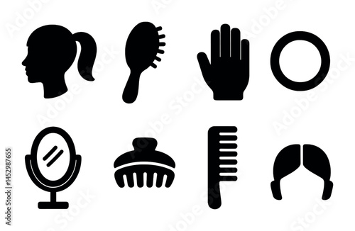 Beauty and hairstyling silhouette icons set – simple, solid, grooming symbols