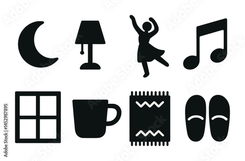Home and lifestyle solid icons set – filled, silhouette, daily activity symbols