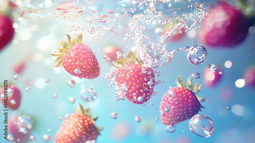 Fresh strawberries in water with splashing water droplets. Fresh strawberries in water with splashing water droplets.