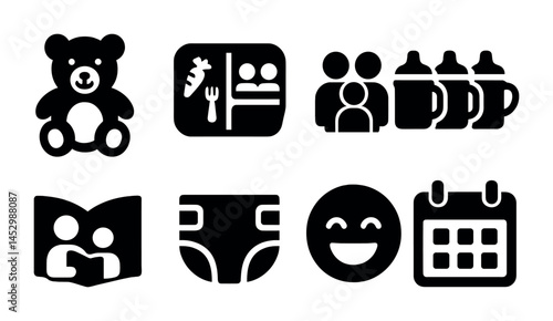 Baby and parenting solid icons set – silhouette, filled, childcare symbols