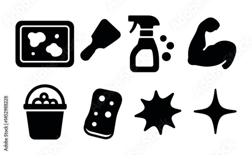 Cleaning tools solid icons set – filled, household and sanitation symbols