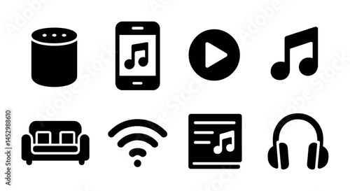 Music and entertainment solid icons set – filled, audio, multimedia symbols