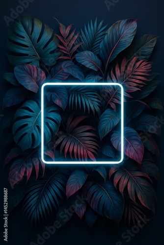 Colorful Neon Frame Surrounded by Tropical Leaves on a Dark Background