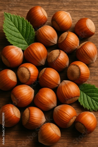 Hazelnuts Gathered on a Wooden Surface With Green Leaves in a Natural Setting