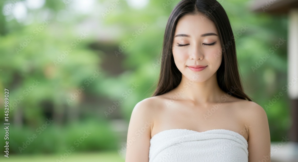 Relaxing woman in spa attire, her face calm and peaceful, wrapped in a soft towel. Relaxing woman in spa attire, her face calm and peaceful, wrapped in a soft towel.