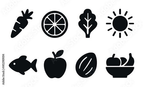 Healthy food silhouette icons set – solid, filled, nutrition and diet symbols