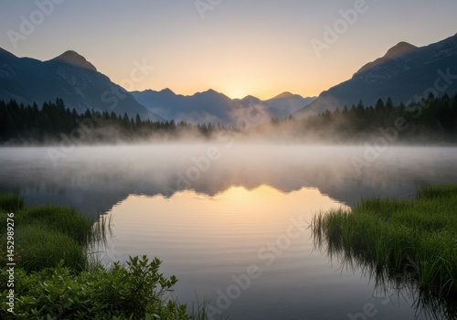 A serene mountain lake covered by a gentle morning fog.