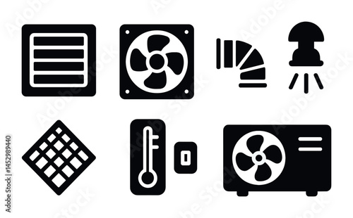 Ventilation and hvac solid icons set – flat, filled, air and heating symbols