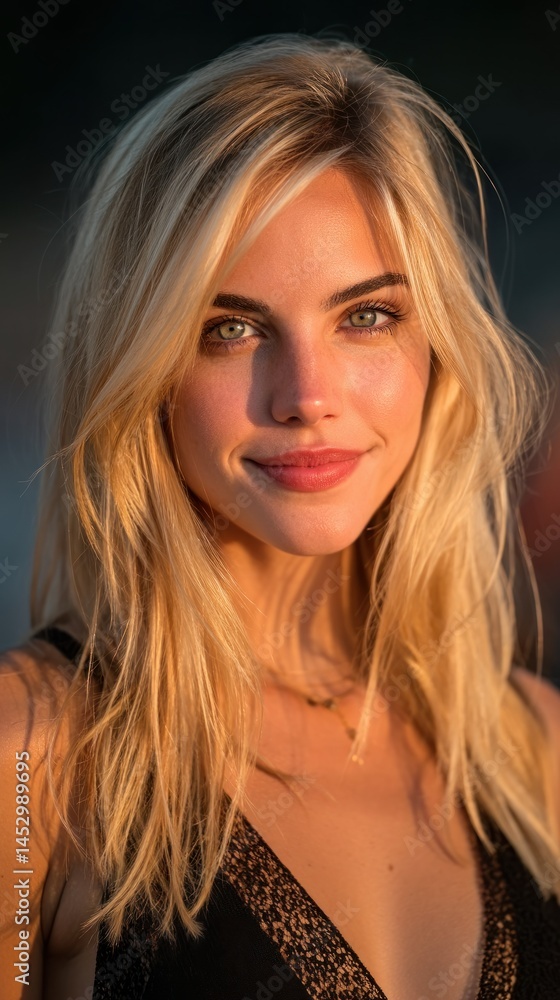 Naklejka premium Blonde woman with green eyes, smiling softly in sunlight