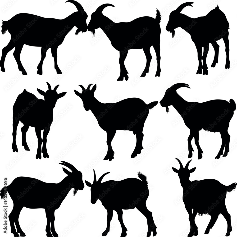 Fototapeta premium Goat silhouette collection. goat poses, standing, walking, jumping.
