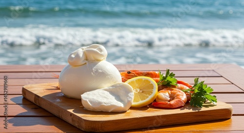 Burrata Cheese with Shrimps, Lemon and Parsley on Wooden Board at the Beach