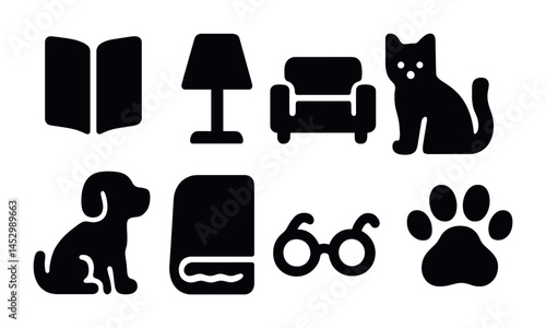 Home and pets silhouette icons set – solid, filled, household and animal symbols