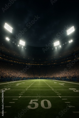 Exciting Football Stadium Filled With Fans Under Bright Lights During a Night...