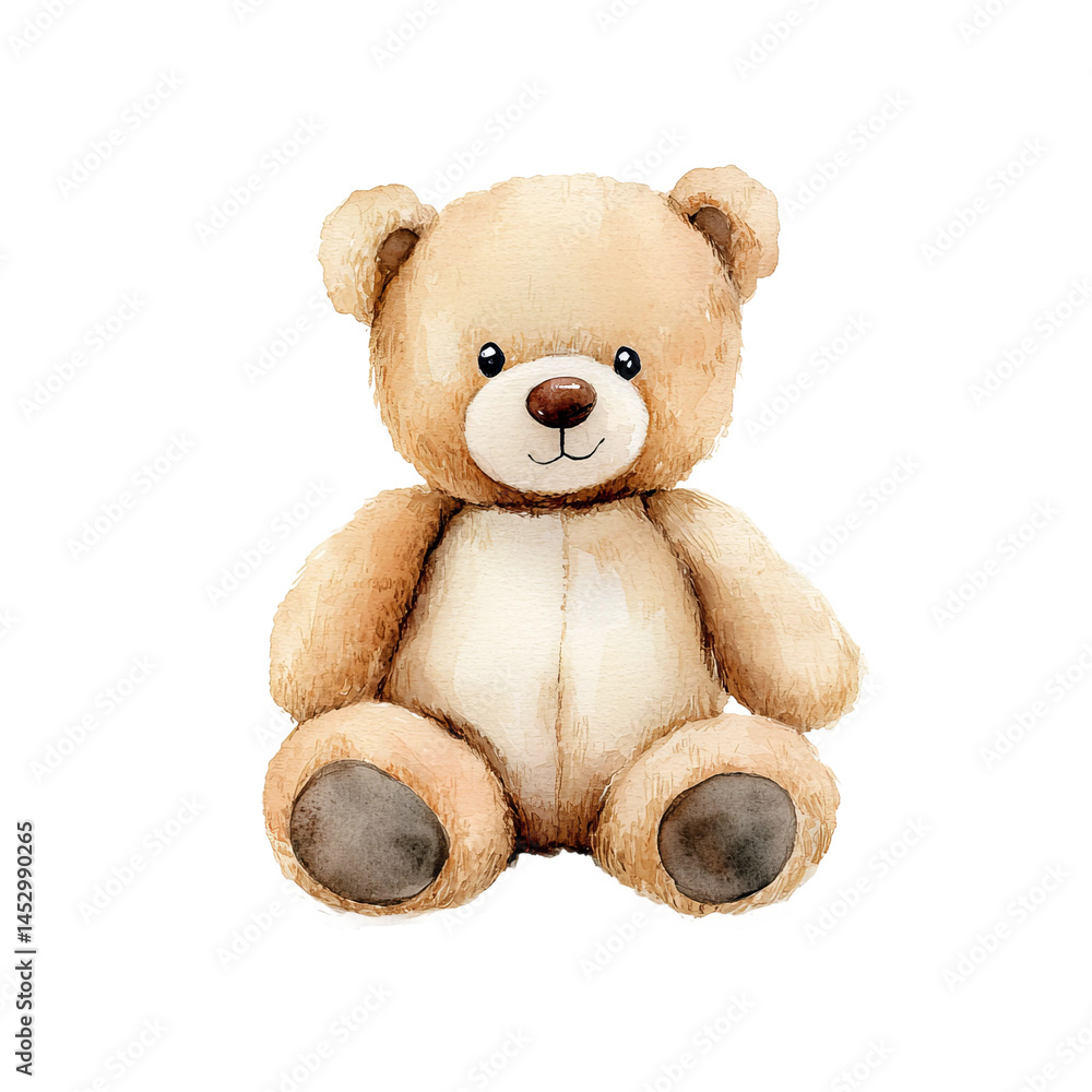 Fototapeta premium Cuddly Companion: An inviting, watercolor illustration of a plush teddy bear, evoking feelings of comfort, warmth, and nostalgia.