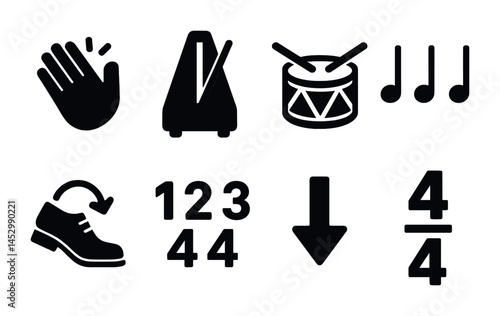 Music and rhythm solid icons set – filled, percussion, beat and tempo symbols