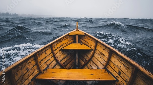 Wooden rowboat navigating choppy water on a stormy day.